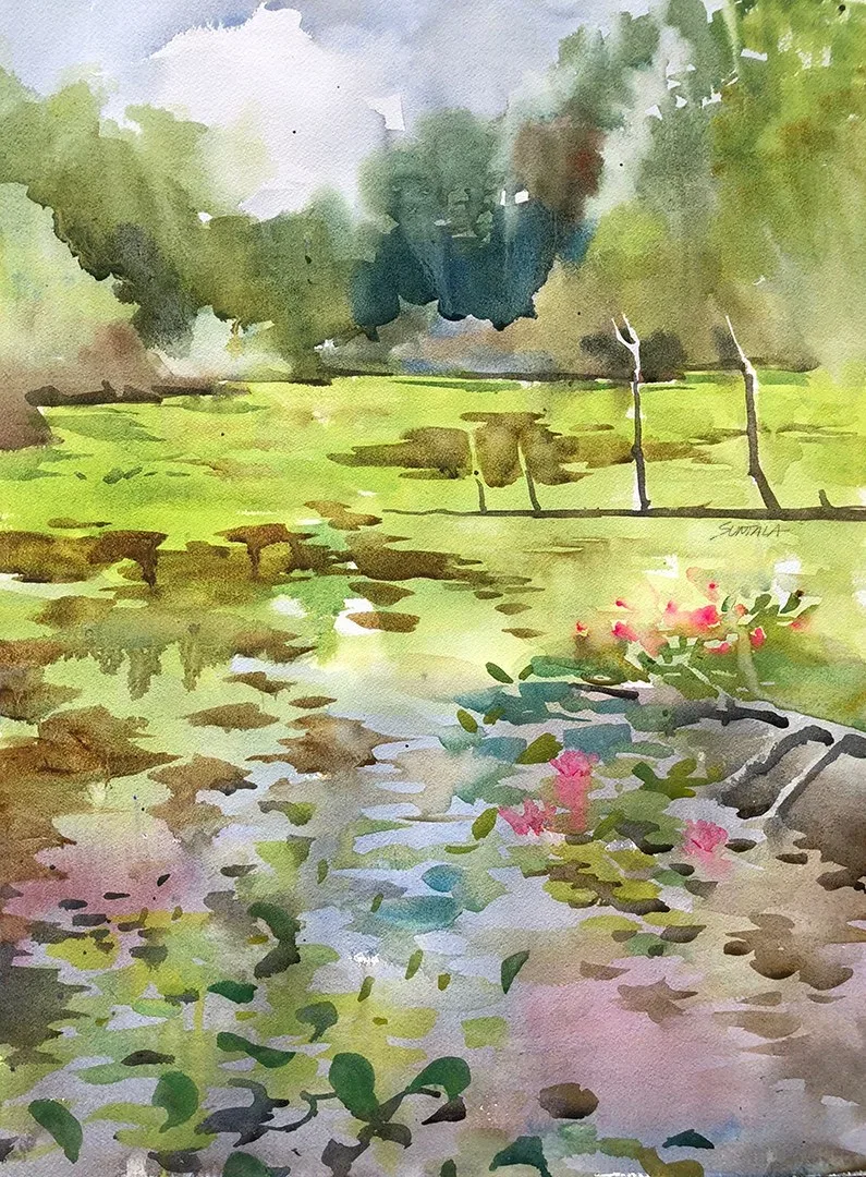 plein air watercolor of Gardenview lilly pond