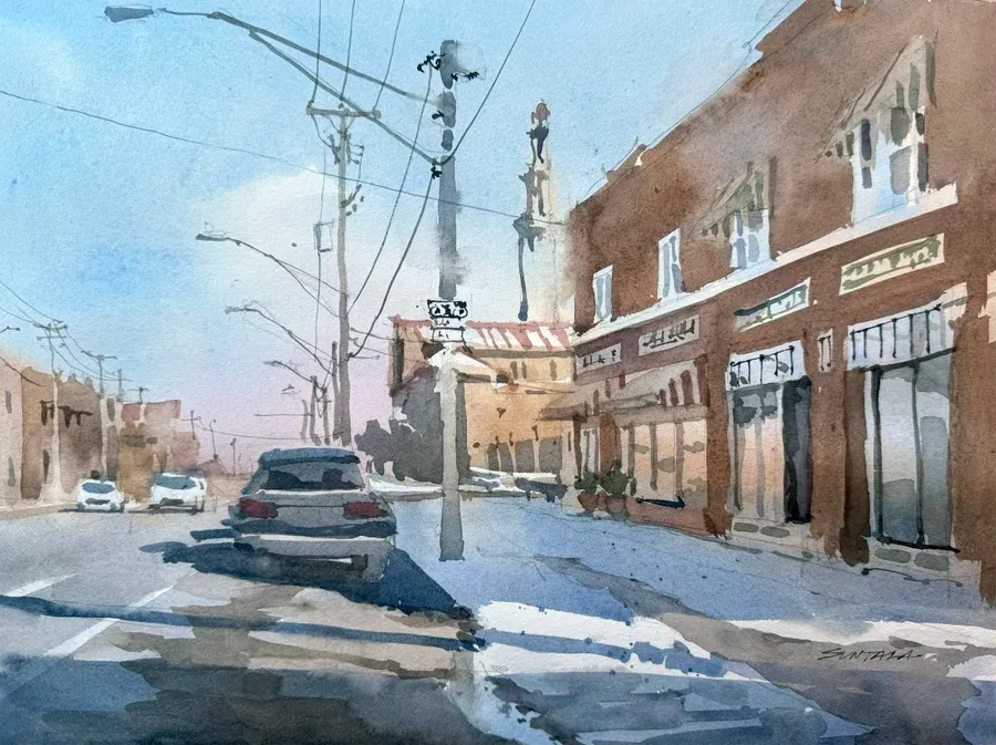Plein air watercolor painted from the car of Lorain Ave, Cleveland looking east from W 104th St.