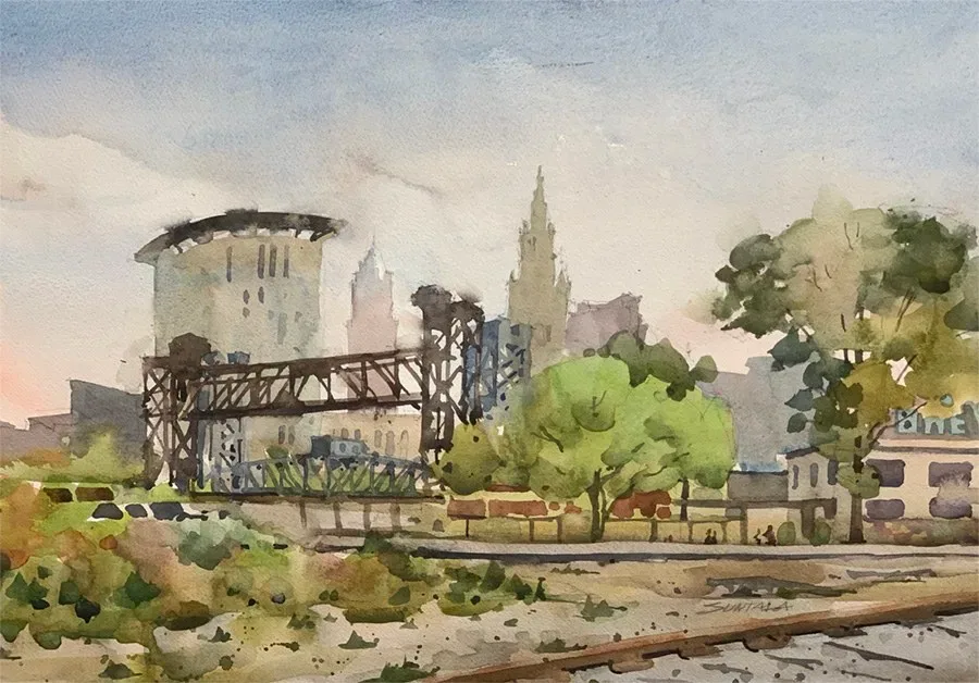 Plein air watercolor of the the Brew Dog Brewery in front of the Cleveland Skyline in the Cleveland Flats.