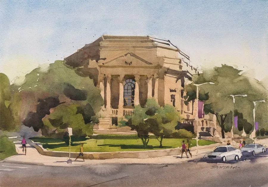 Loose watercolor of Severance Hall, Cleveland, OH