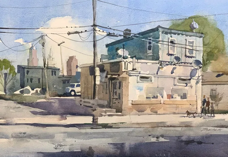 Plein air watercolor of the Abbey Rd. Market, in the Tremont neighborhood of Cleveland.