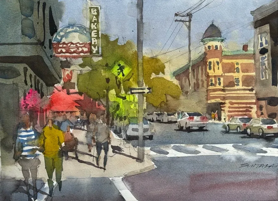 Loose plein air watercolor of the sidewalk in front of Presti's Bakery in Little Italy, Cleveland.