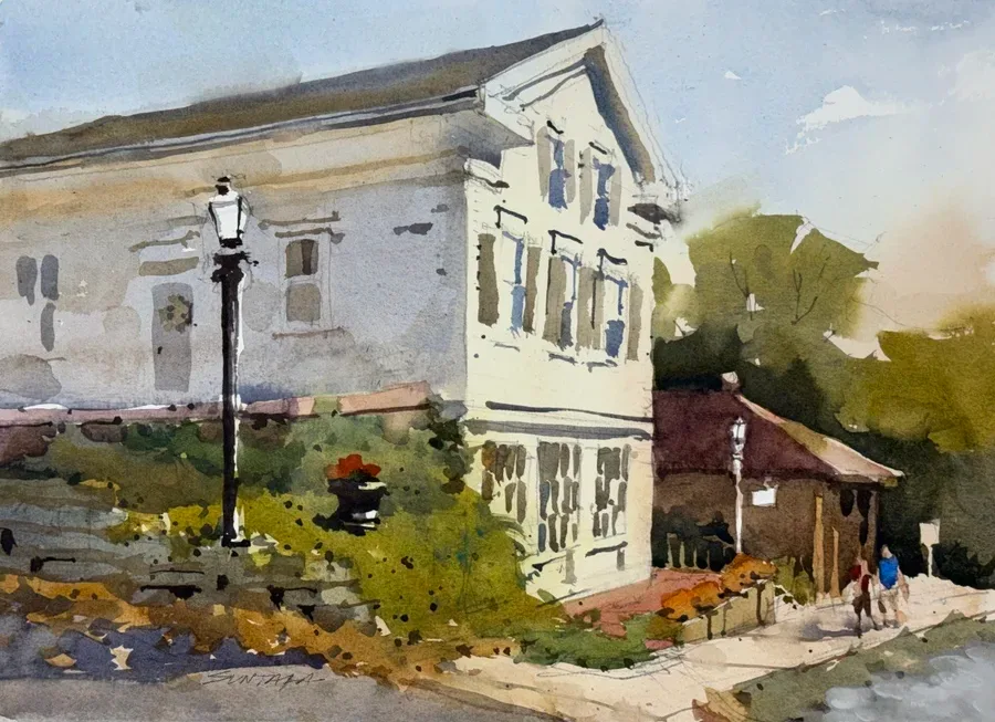 Loose plein air watercolor of the River Light Gallery and Peninsula Coffee House.