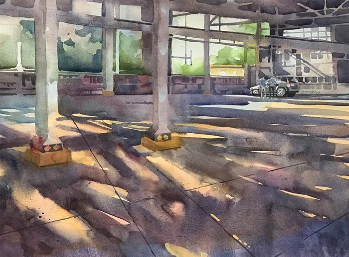 Loose watercolor painting of a nearly empty parking garage with light streaming in.