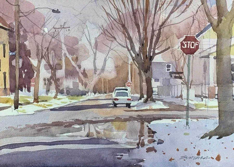 Loose watercolor of W 52nd Street and Eichorn Ave, painted plein air on January 14th, 2023.