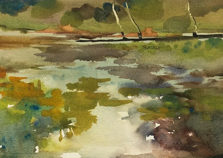 plein air watercolor of lily pond