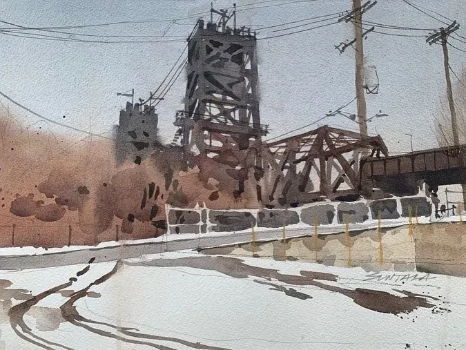 Loose plein air watercolor of The Nickel Plate Railroad Bridge Cleveland, OH in the snow.