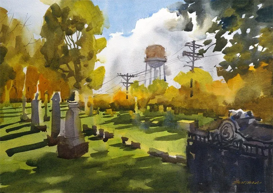 Loose watercolor of the Monroe St Cemetery in the Ohio City neighborhood of Cleveland, OH.
