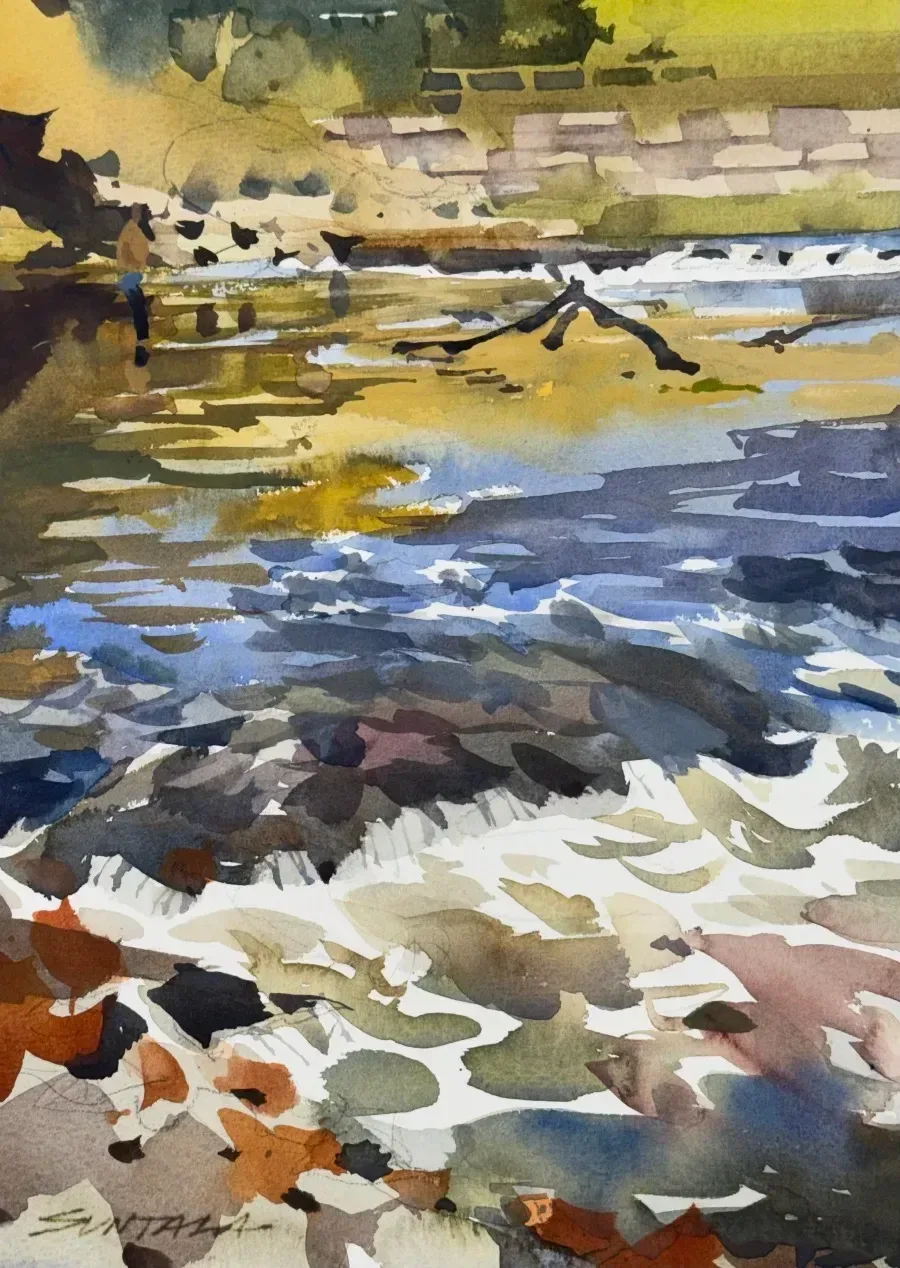 Loose watercolor of the rapids on the Cuyahoga River at Rt 303 and Lock 29