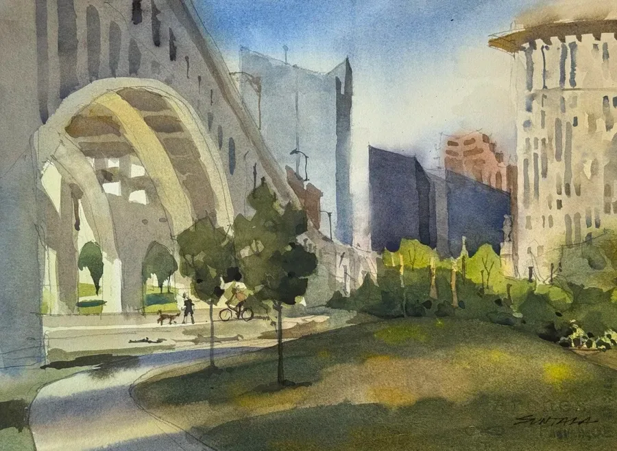 Loose plein air watercolor of Canal Basin Park down in the Flats of Cleveland.