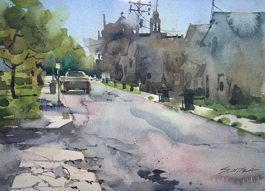 Plein air watercolor of Kinkel Avenue looking east against the sun, June 17th, 2022.