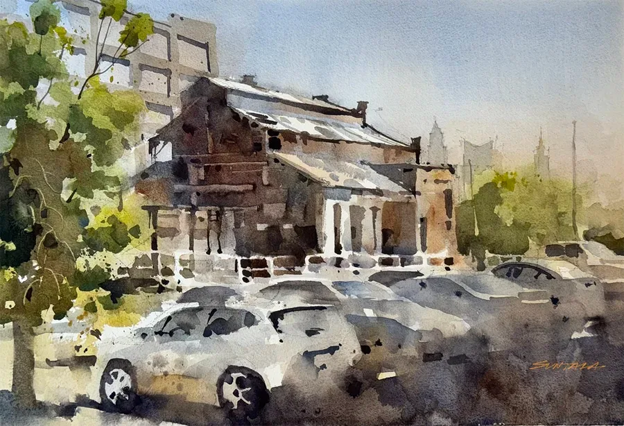 plein air watercolor of the old foundry at the Westinghouse complex in the Detroit Shoreway neighborhood of Cleveland