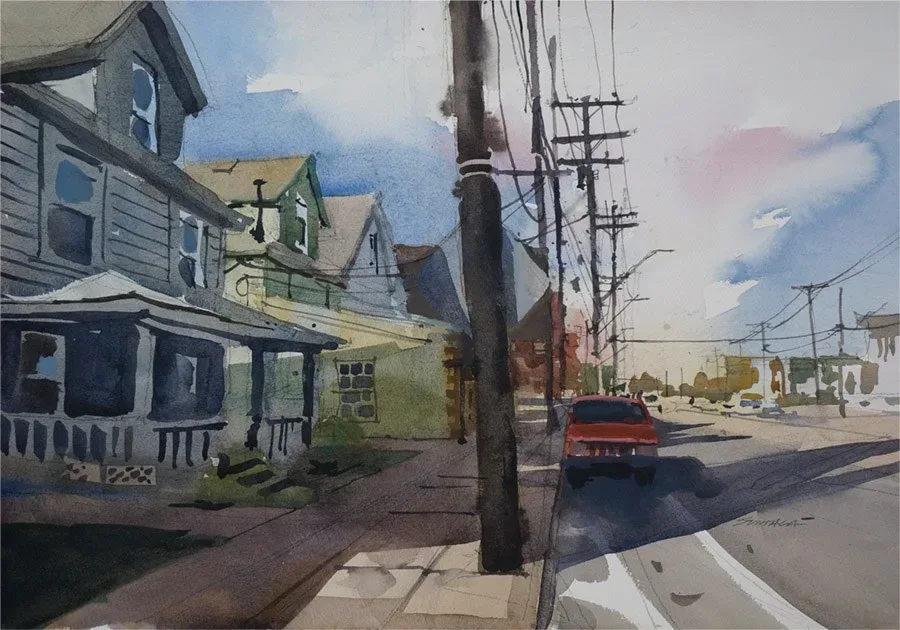 Plein air watercolor of Lorain Ave looking west from about W 67th St.