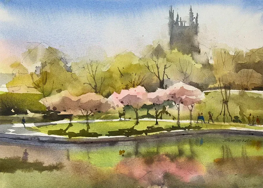 Plein Air watercolor of Wade Lagoon looking south with backlit crabapples.