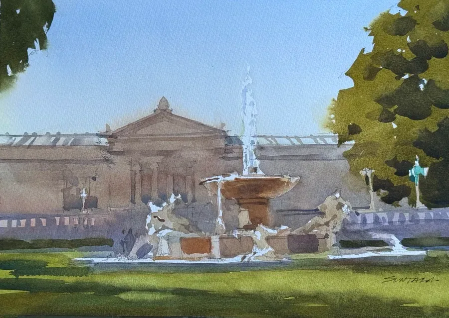 Loose yet illustrative watercolor of the Fountain of the Waters by sculptor Chester Beach. The Cleveland Museum of Art is in the background.