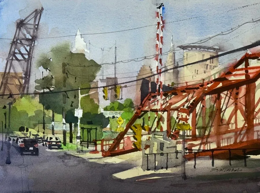 Plein air watercolor painting of the Center Street Swing Bridge, Cleveland skyline and the long unused jackknife bridge on the Cuyahoga River.
