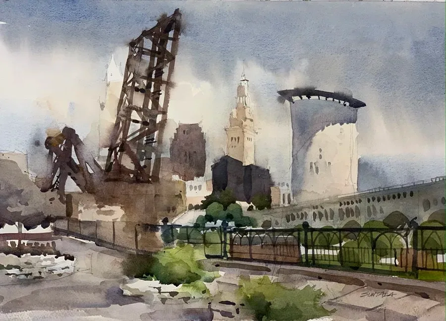 Plein air watercolor of the jackknife bridge and Cleveland skyline from the Superior viaduct.