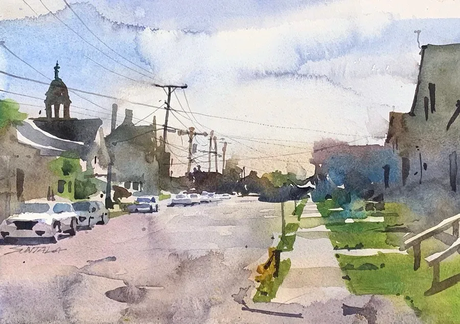 Direct watercolor (no pencil lines) painted plein air of Prame Ave. looking east.
