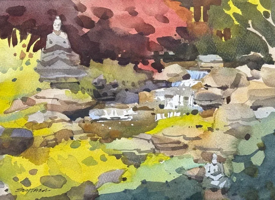 Loose yet illustrative watercolor of a backyard pond. Gentle waterfalls cascade from the upper right to the lower left.