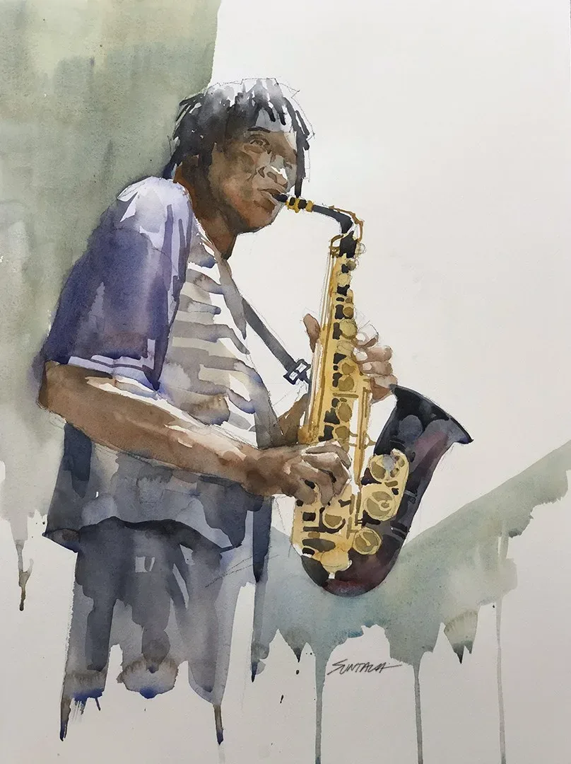 Maurice the Sax Man Original Watercolor, watercolor on paper, 2020