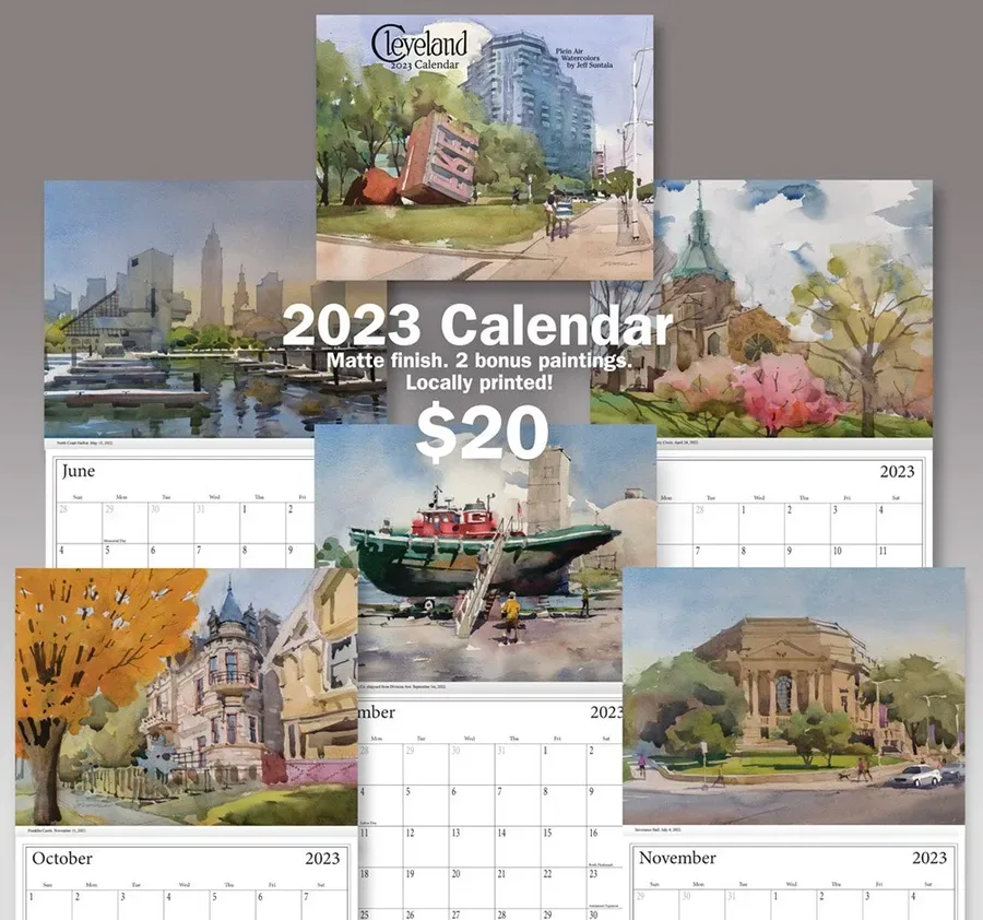 Image with cover and 5 sample pages of Cleveland Watercolor Calendar.