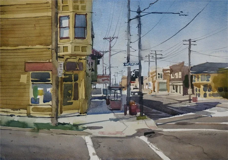 Plein air watercolor of Lorain Ave looking west at W 98th St