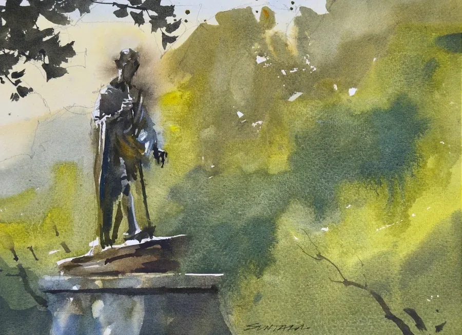 Loose plein air watercolor of the Indian Cultural Garden in Cleveland, OH.
