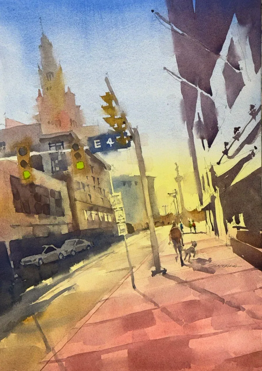 Loose vibrantly colored watercolor of Euclid Ave, downtown, looking at the Terminal Tower from E 4th St.