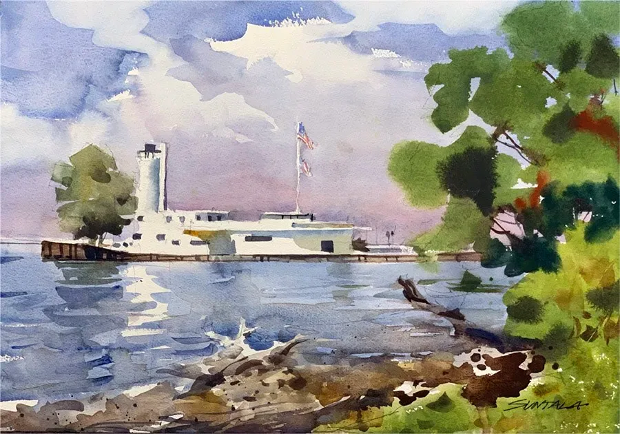 The Streamline Moderne coast guard station is seen in this plein air watercolor painted on June 15th, 2022