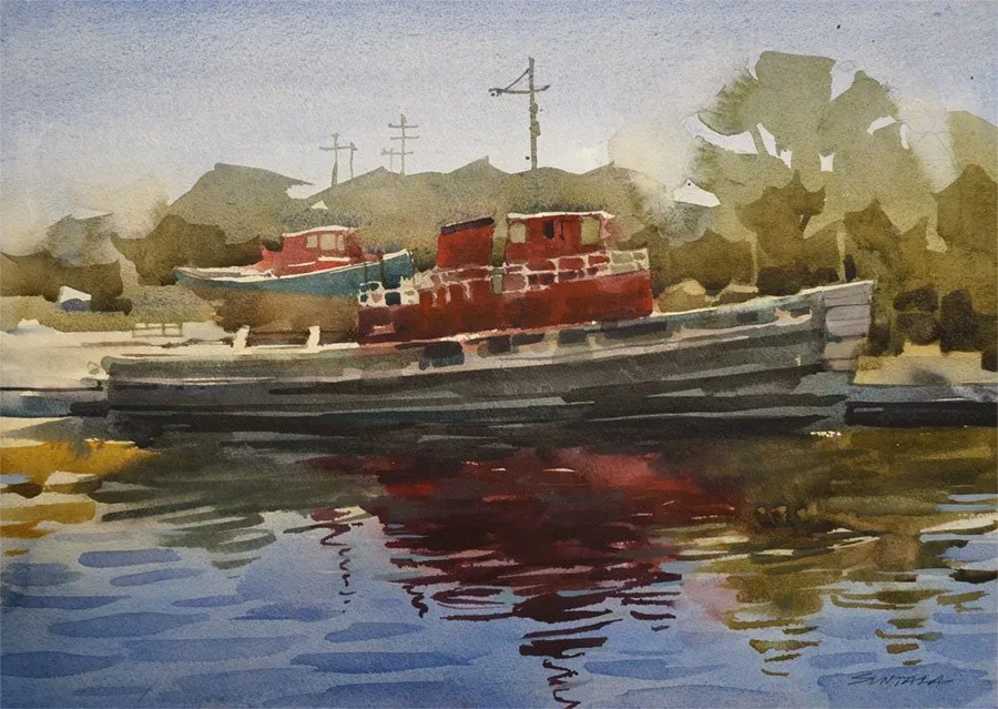 Loose watercolor of a Great Lakes tugboat.