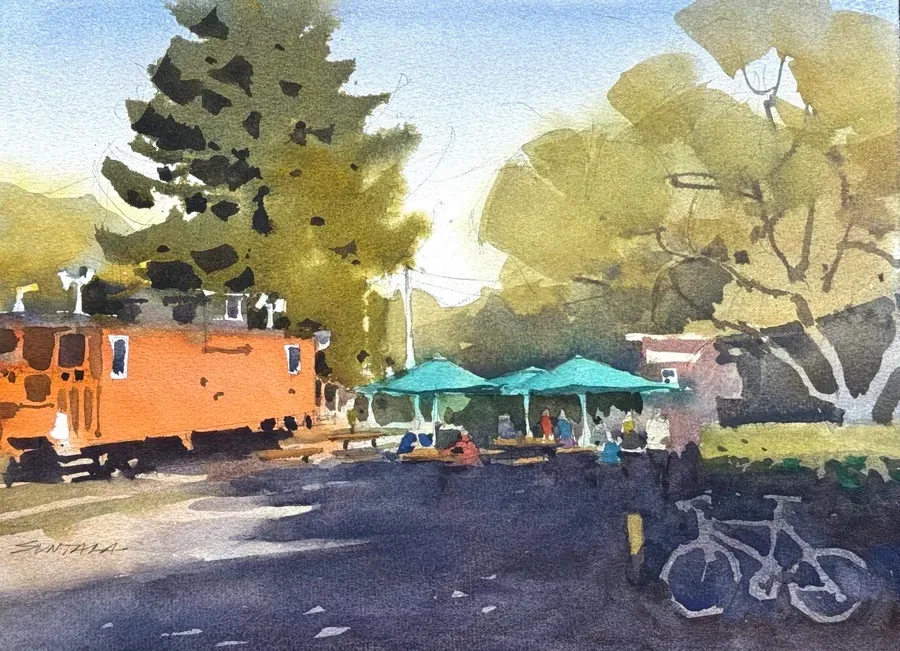Loose plein air watercolor of the Trail Mix patio at Cuyahoga Valley National Park.