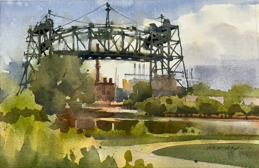 Loose plein air watercolor of the Eagle Avenue Bridge over the Cuyahoga River in Cleveland, OH.