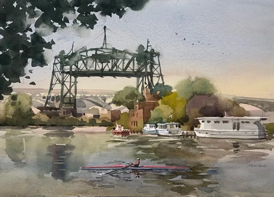 Plein air watercolor of the Cuyahoga River, sculler and the Eagle Avenue bridge.