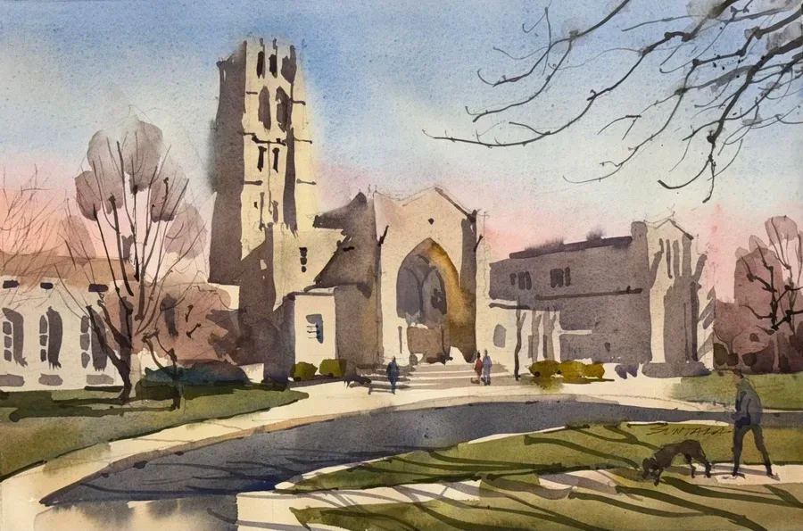 Loose plein air watercolor of St. Paul's Episcopal Church in Cleveland Hts, OH