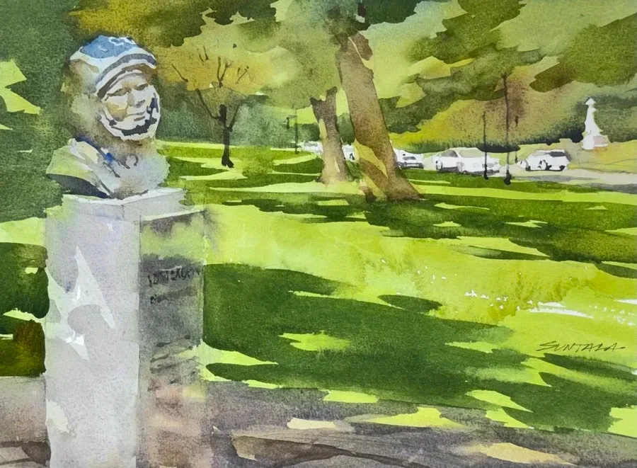 Loose yet illustrative watercolor the Yuri Gagarin bust in the Russian Garden in the Cleveland Cultural Gardens.