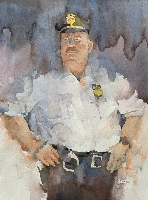Loose watercolor of standing cop.