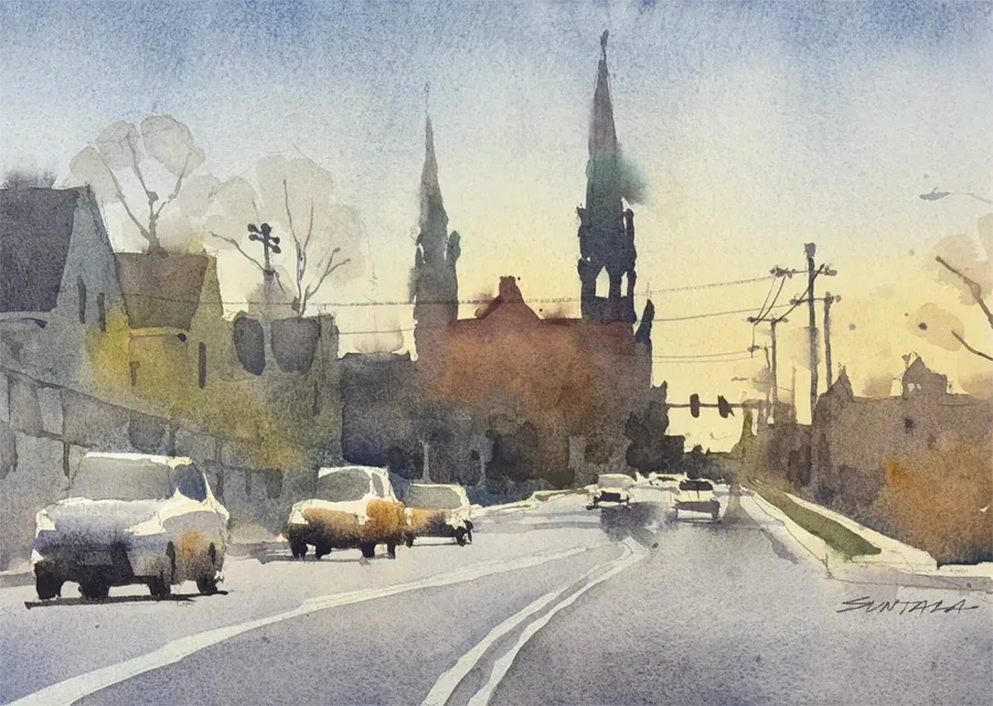 Watercolor of St Michael's Church from Clark Ave, Cleveland, OH.