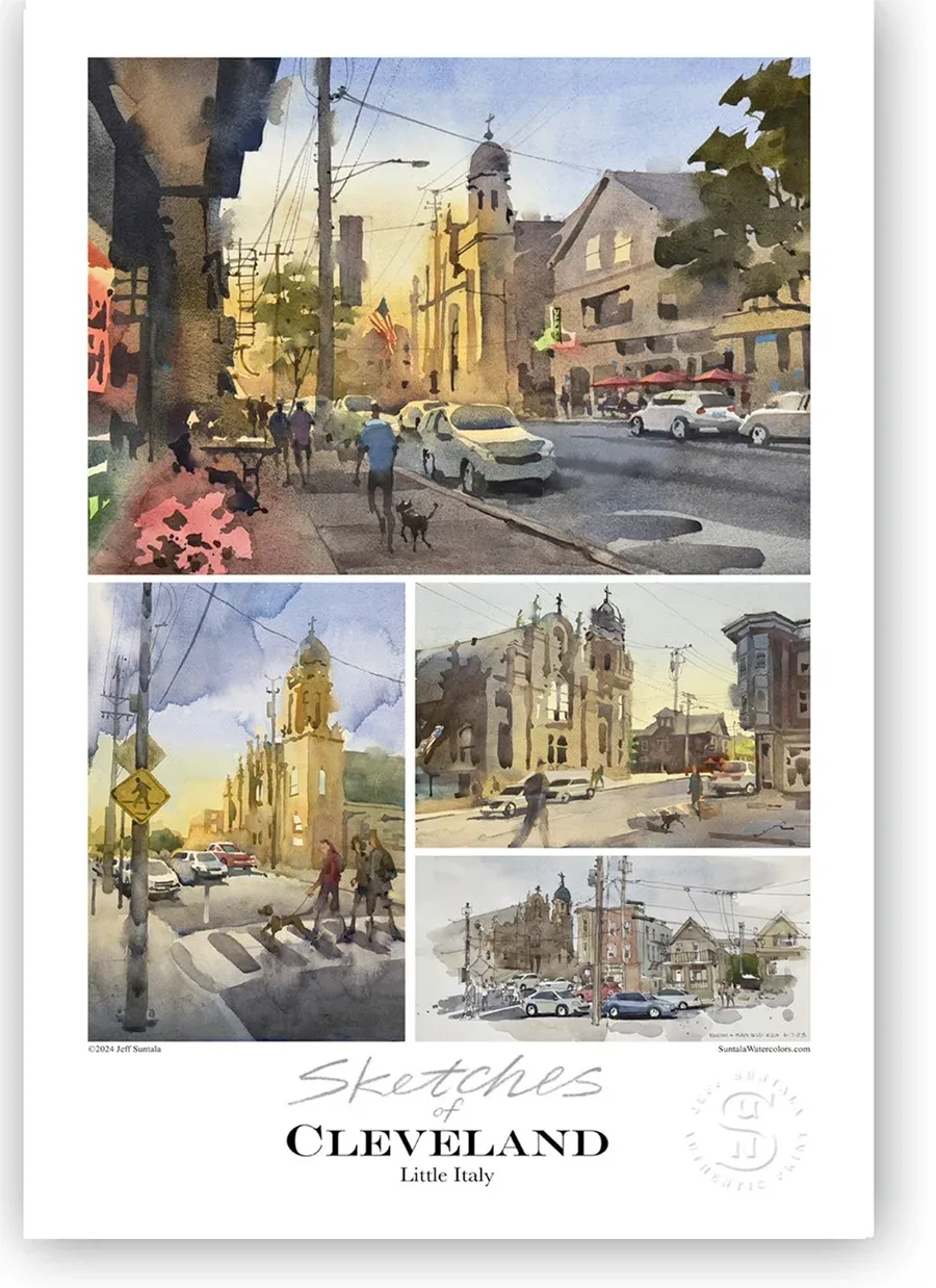 Signed print featuring sketches and paintings of the Little Italy neigborhood.