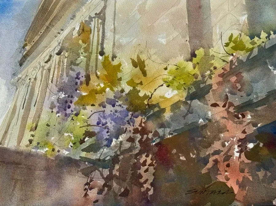 Plein air watercolor of the wisteria at the Cleveland Museum of Art’s south entrance.
