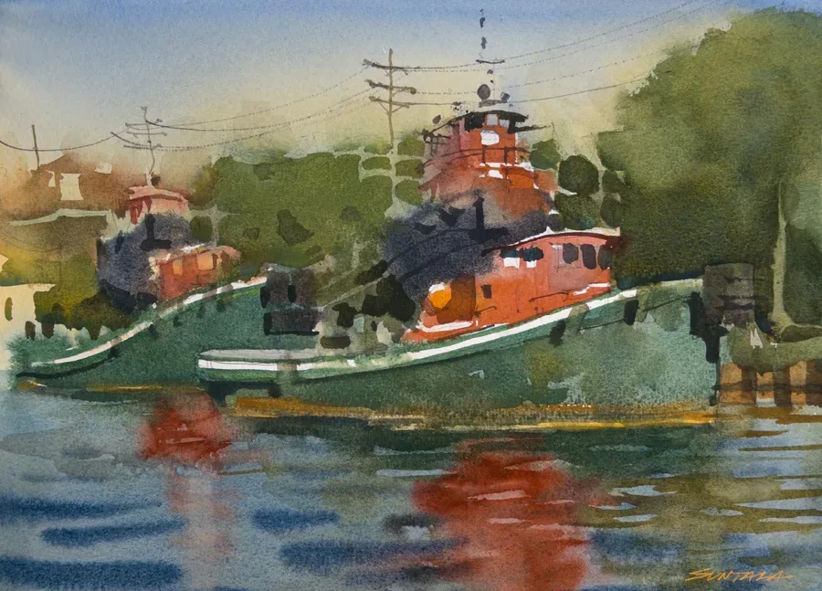 Loose plein air watercolor of Great Lakes Towing tugboats.