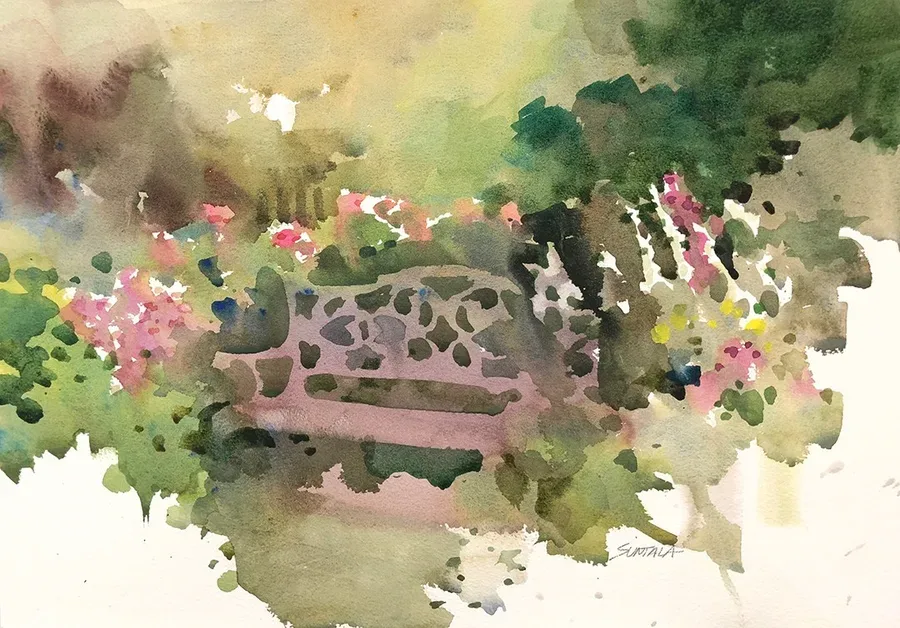 plein air watercolor of bench and flowers