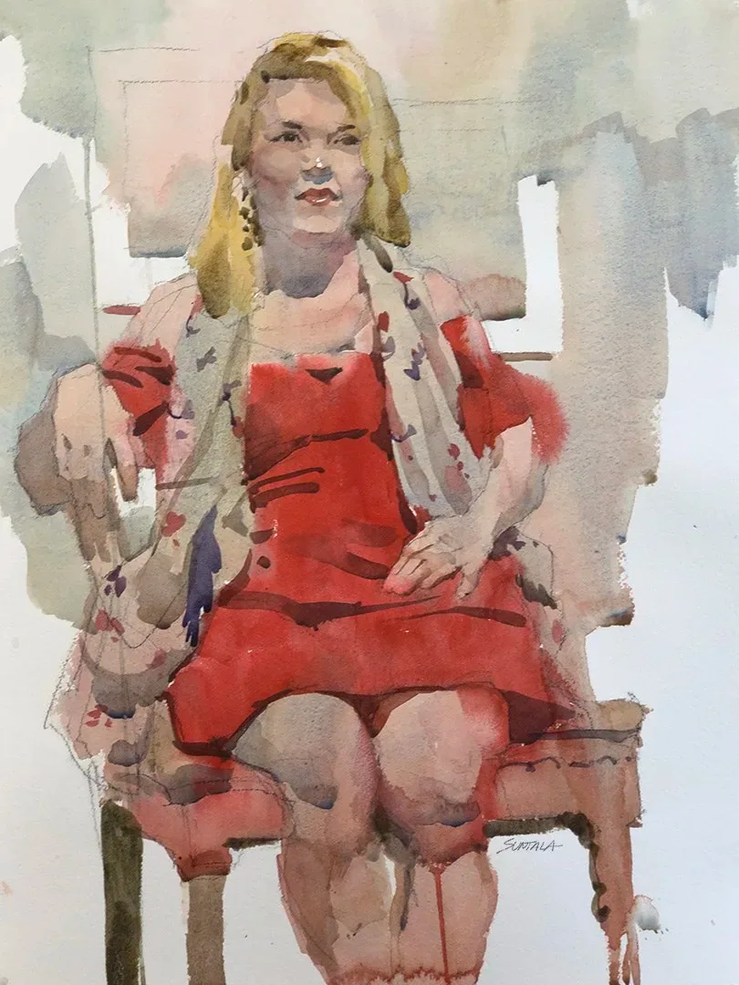 watercolor portrait featuring seated blonde woman in red dress.