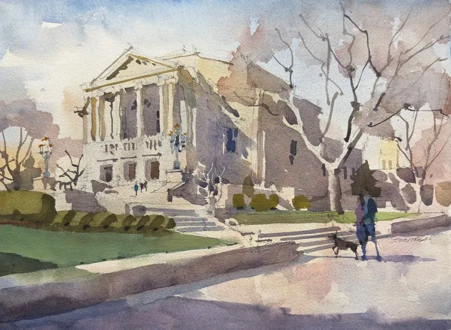 Loose plein air watercolor of Severance Hall, Cleveland, OH.