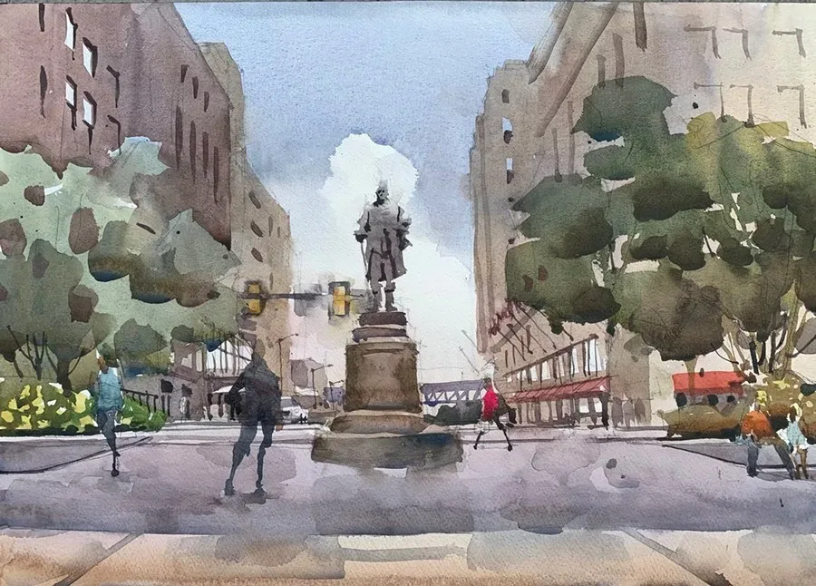 Moses Cleaveland statue looking looking south down Ontario.