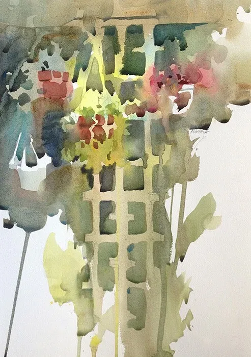 Loose watercolor of hanging flower baskets