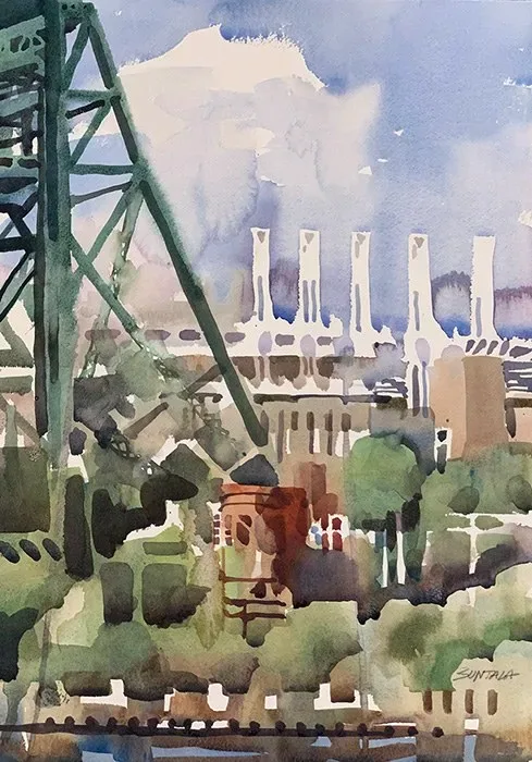 Watercolor of Cuyahoga River with Eagle Street bridge in foreground, Progressive Field in the distance.