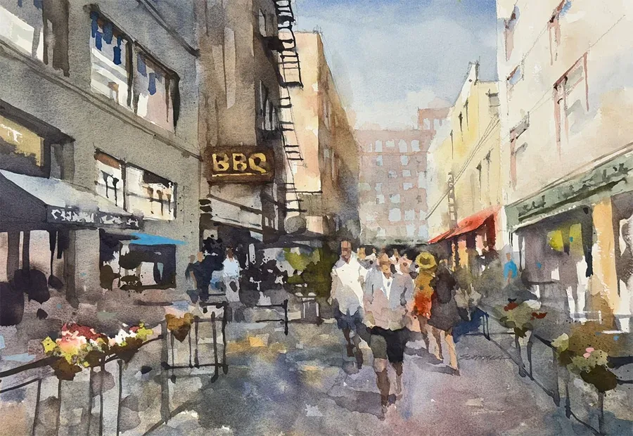 Loosely painted watercolor of E 4th, Cleveland, OH.