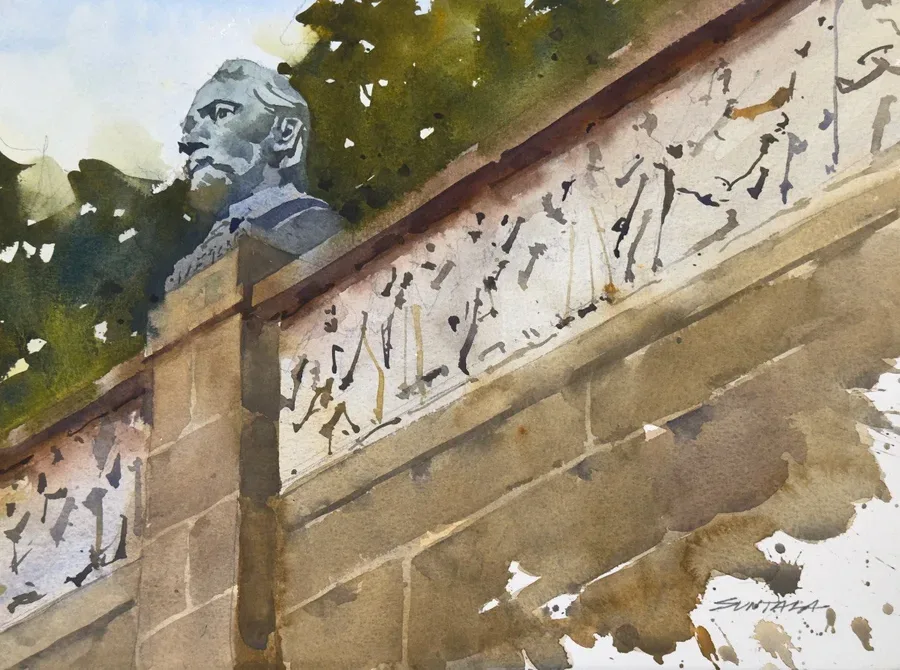 Loose plein air watercolor of the Czech Cultural Garden in Cleveland, OH.