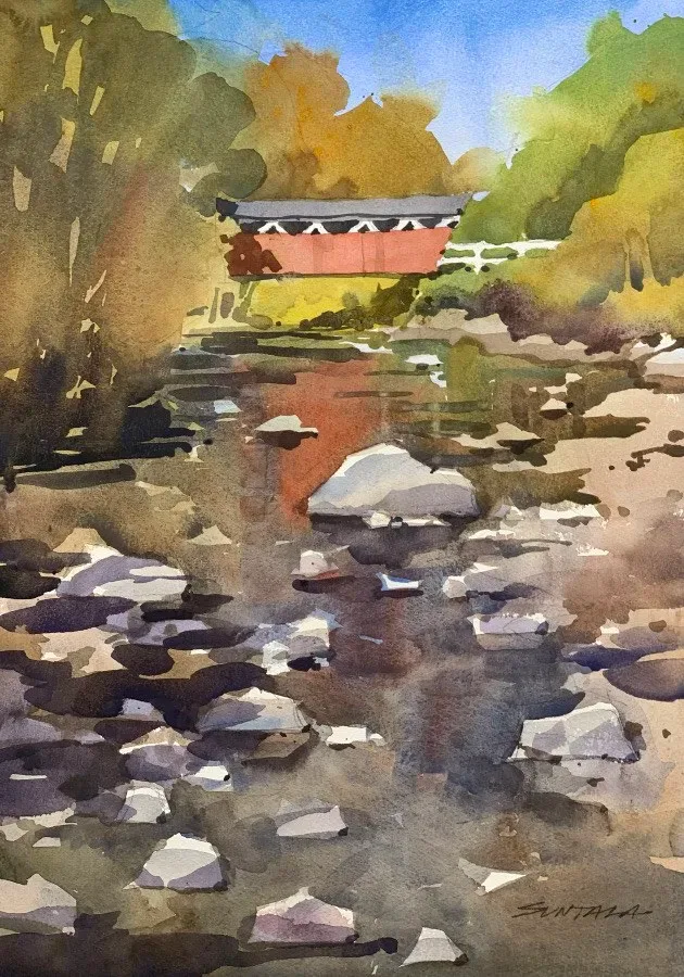 Loose watercolor of the Everett Rd covered bridge, Peninsula, OH