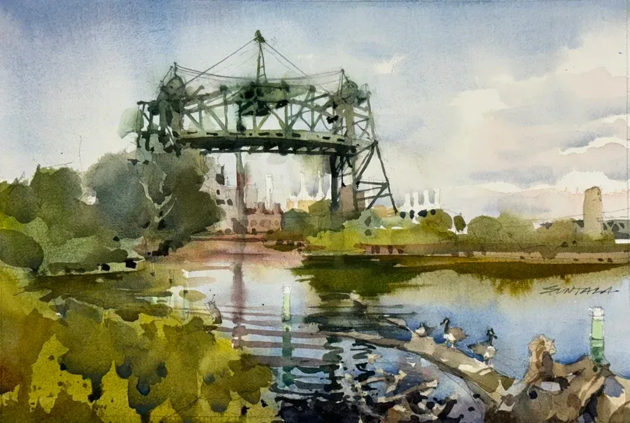 Loose watercolor of the Eagle Avenue Bridge in Cleveland, OH.